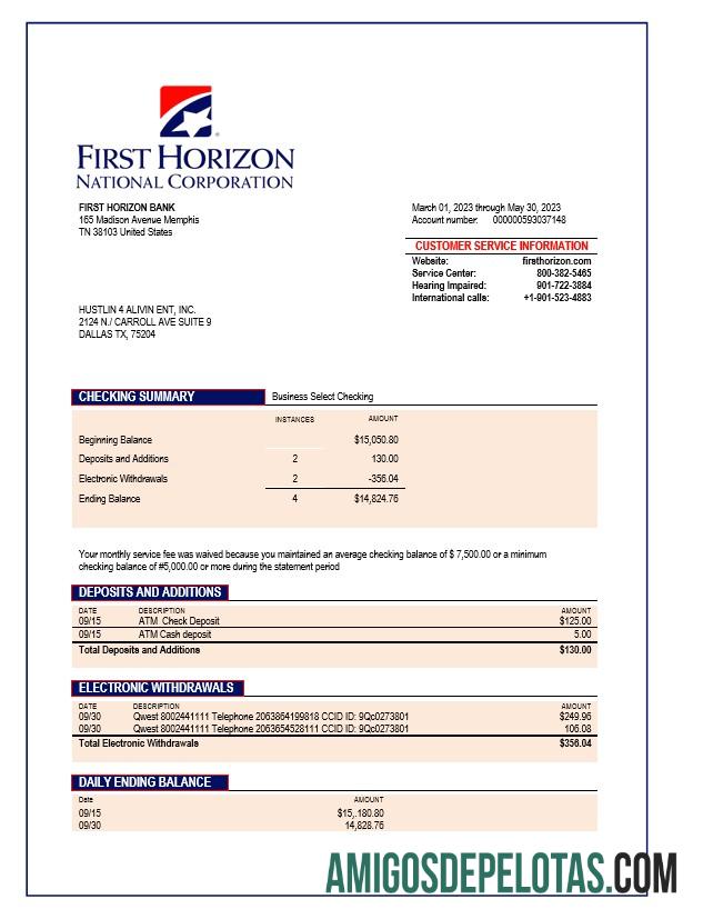 Imprimível First Horizon empresa bancária extrato de conta corrente modelo Word e PDF